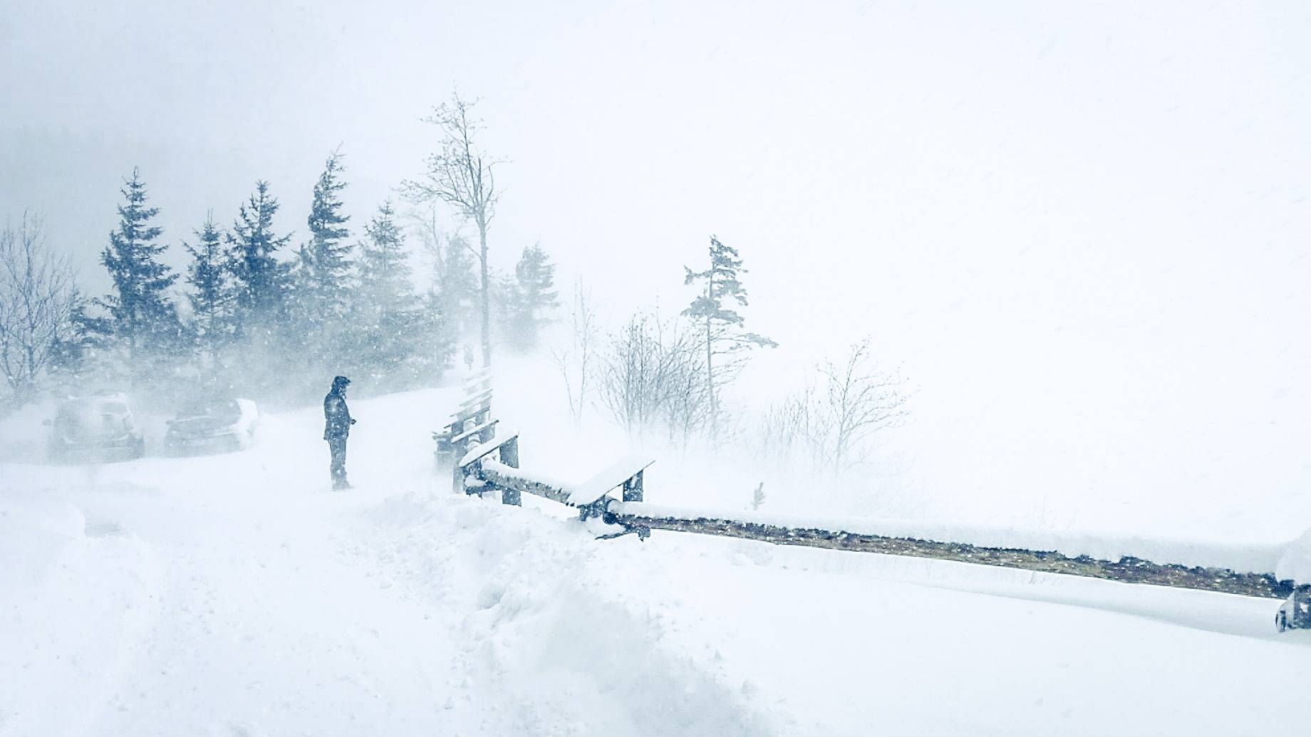 Man looking at Morskie Oko, during a blizzard in winter