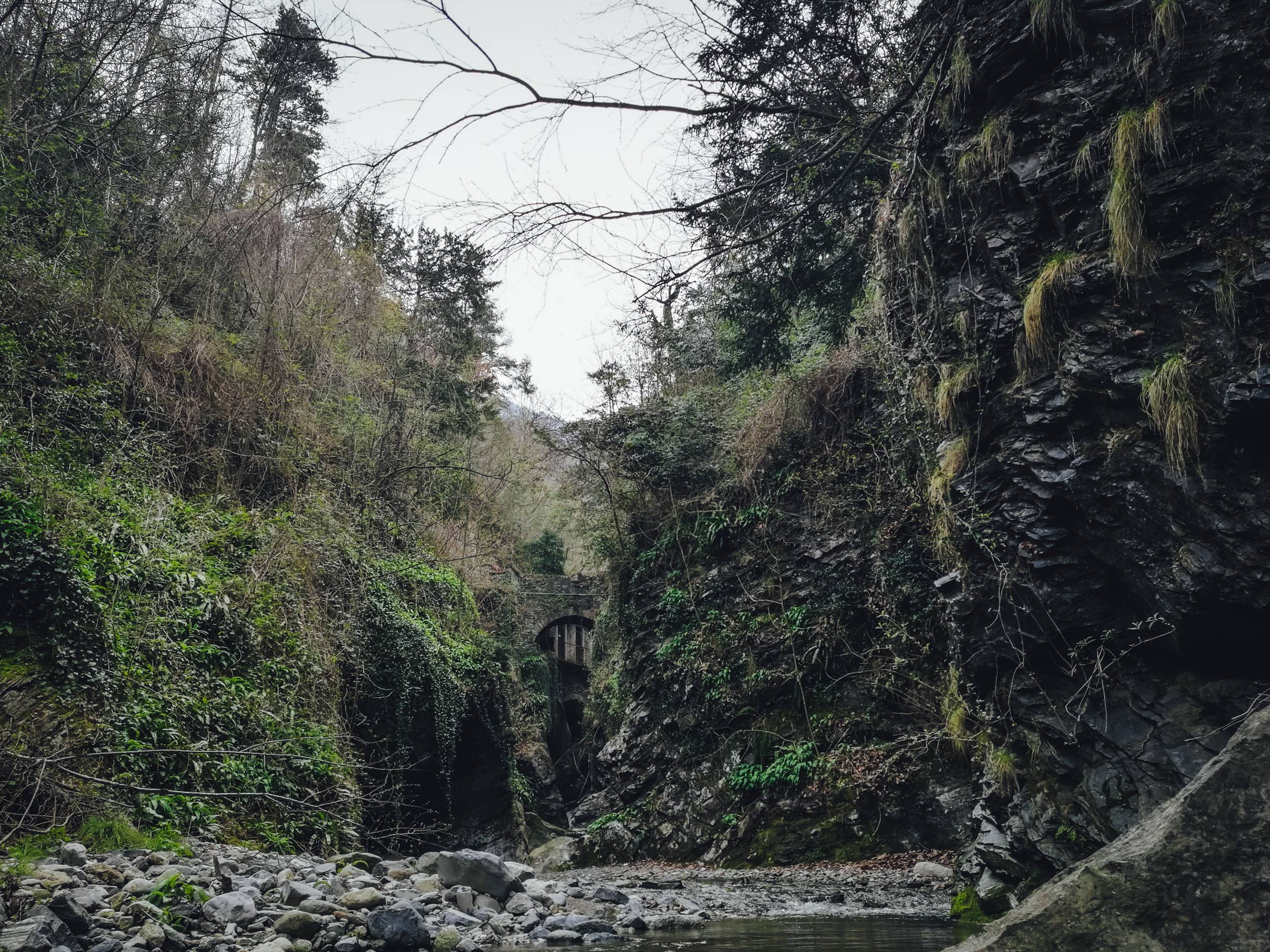 A bridge over a small gorge near Vezio Castle at Lake Como.