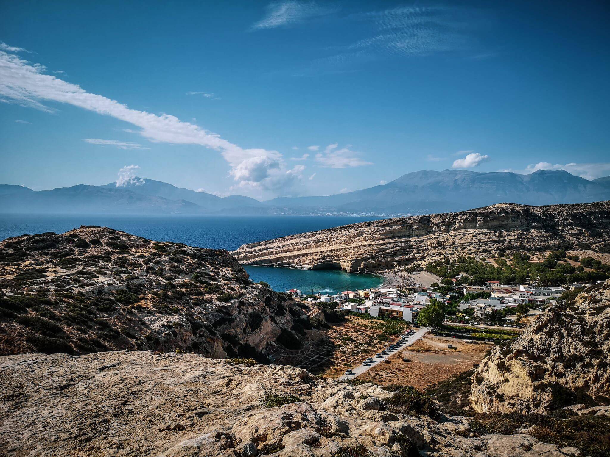 view over matala beach from red beach hike
