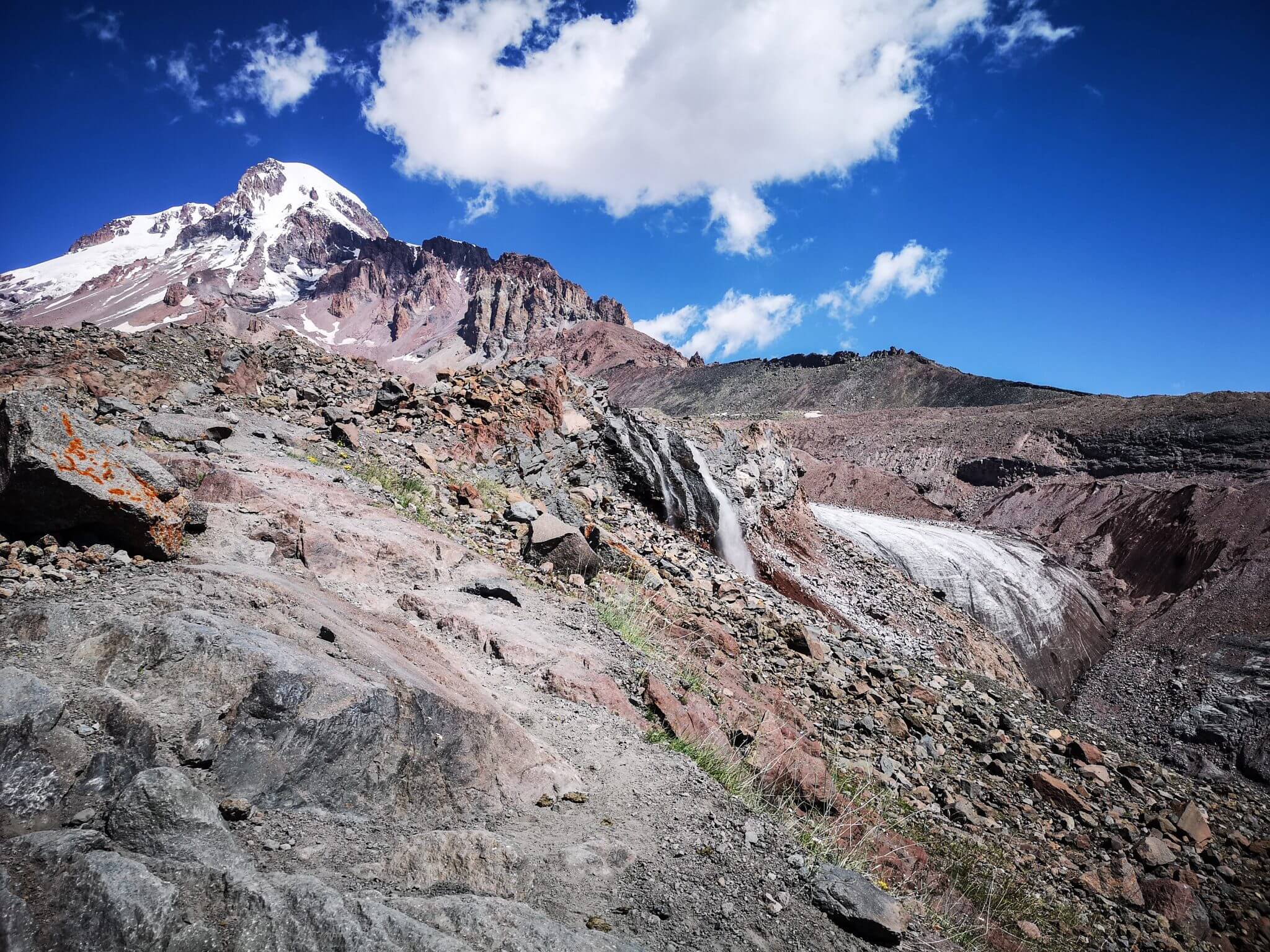 mount kazbek gergeti glacier river waterfall