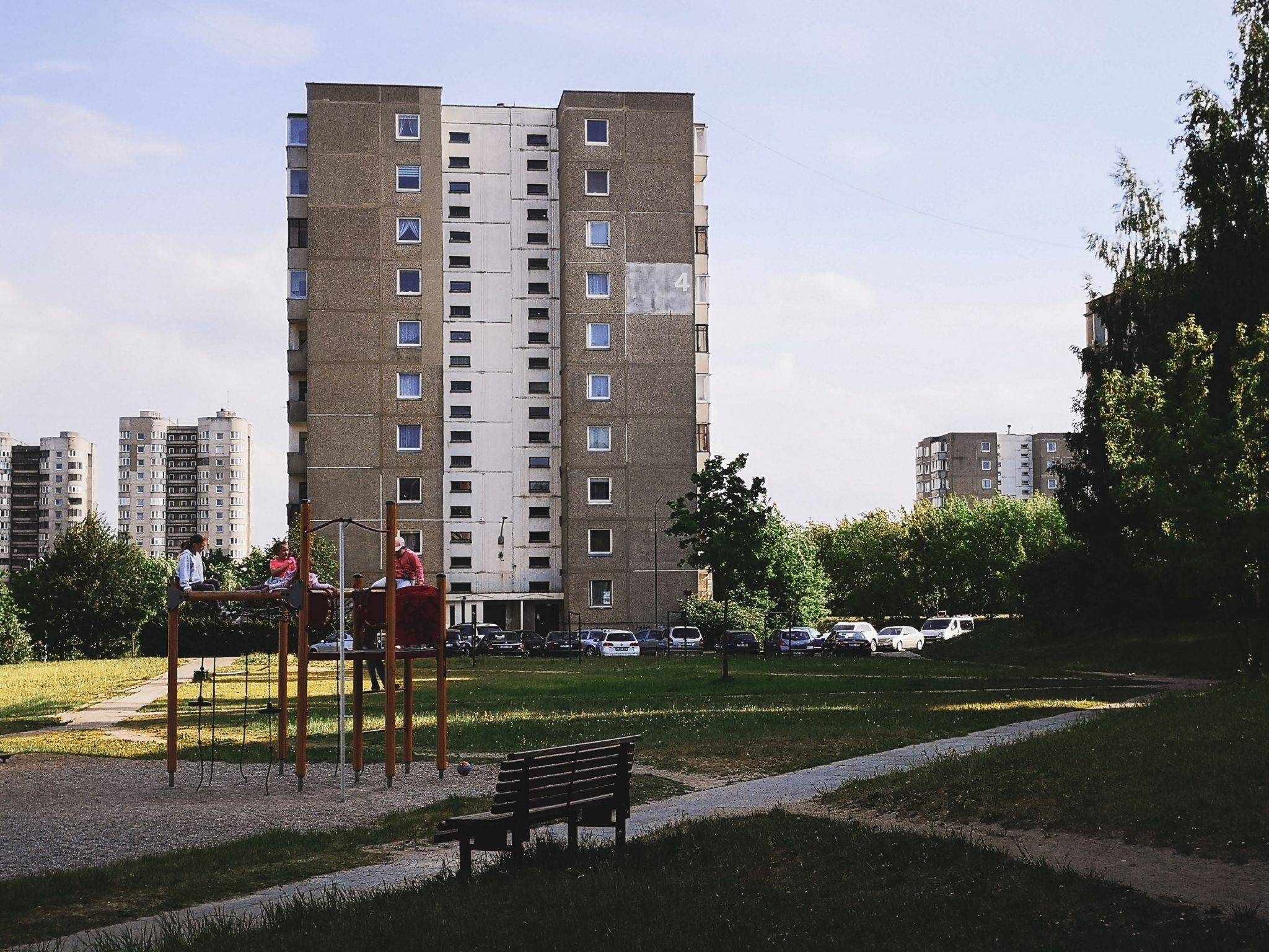 Children playing in soviet brutalist micro-district Fabijoniškės, VIlnius