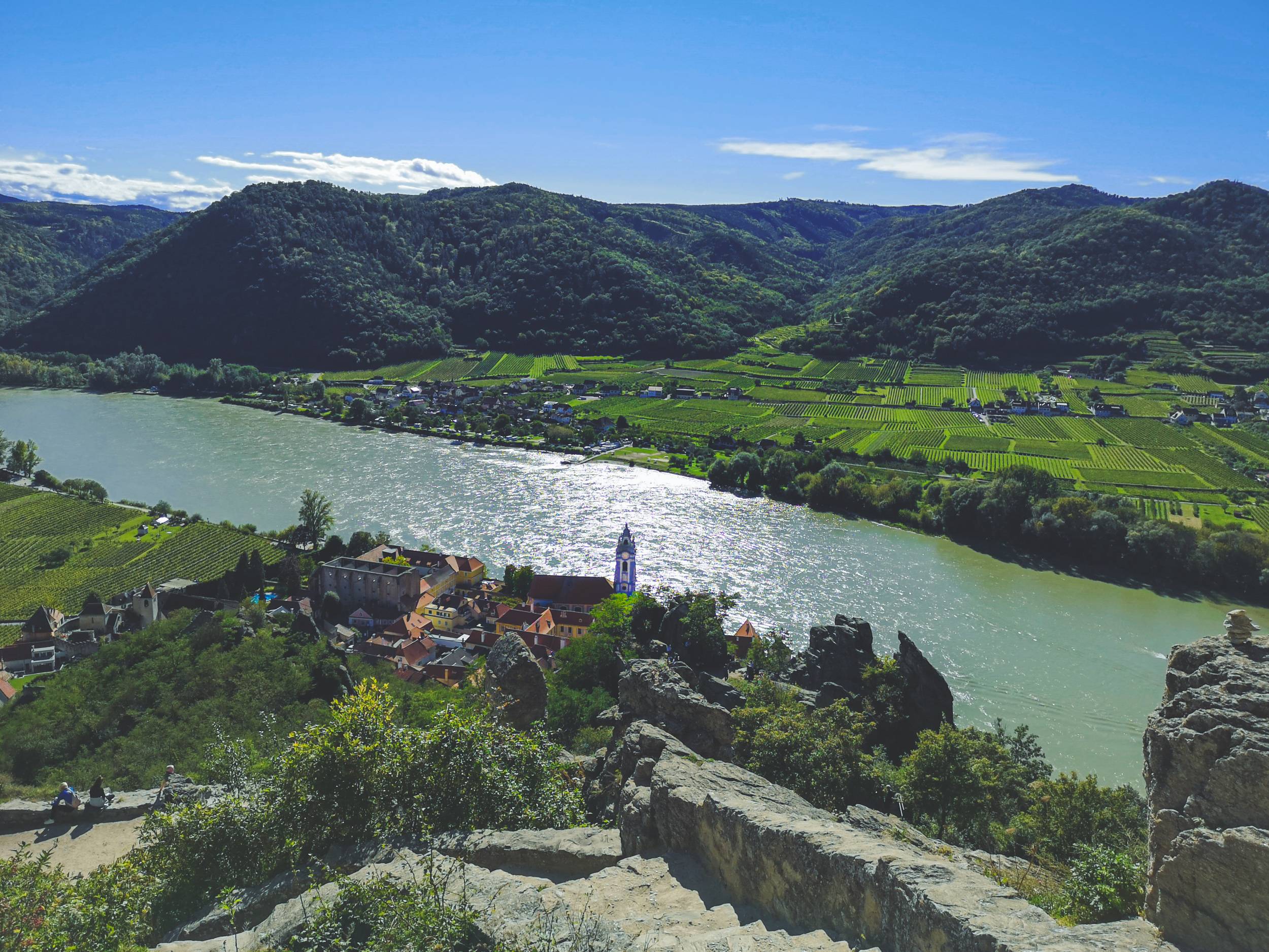 Dürnstein town & Danube river from the castle ruins in Wachau, Austria