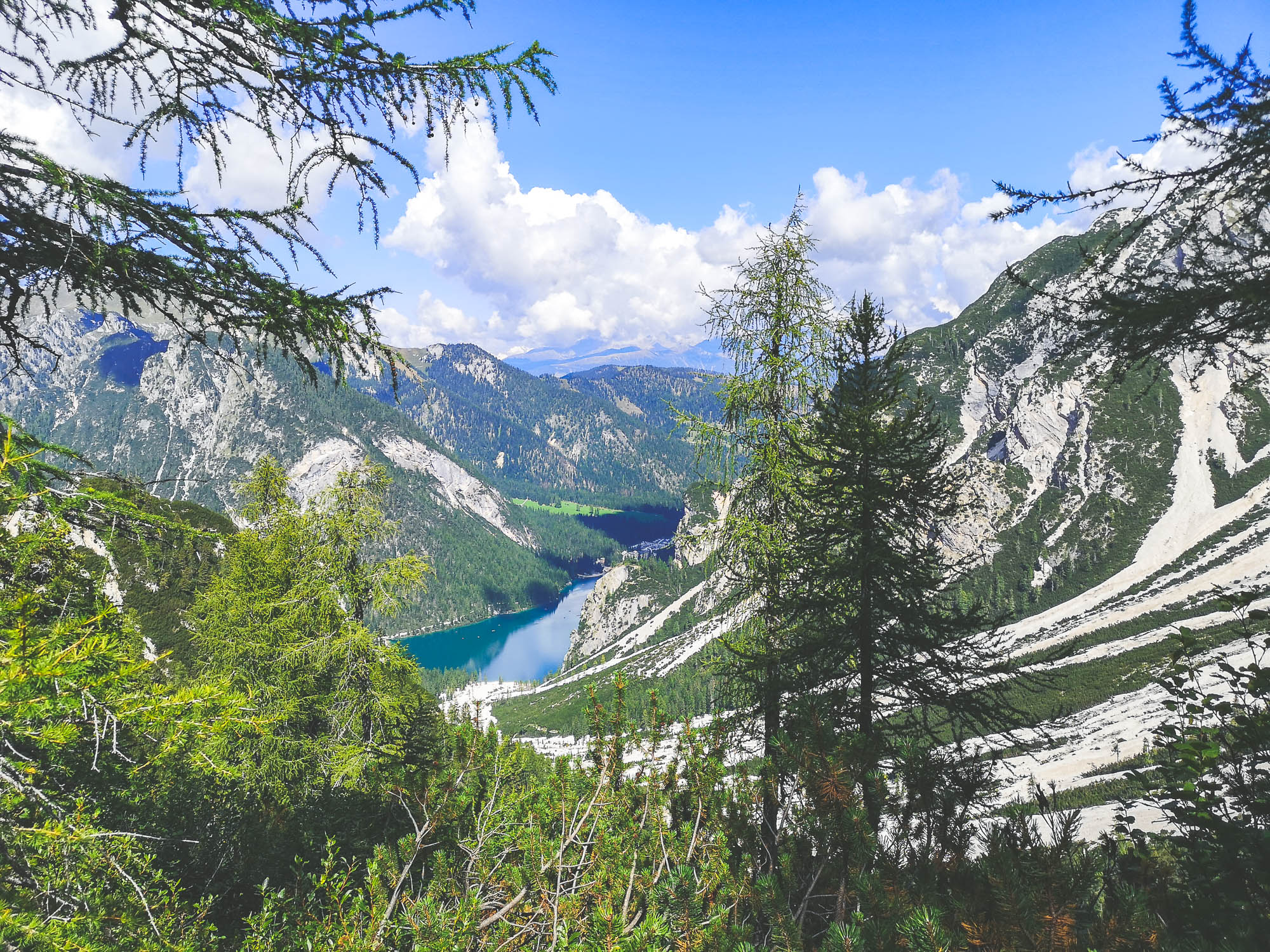 Lago di Braies from a mountain in Dolomites, Italy