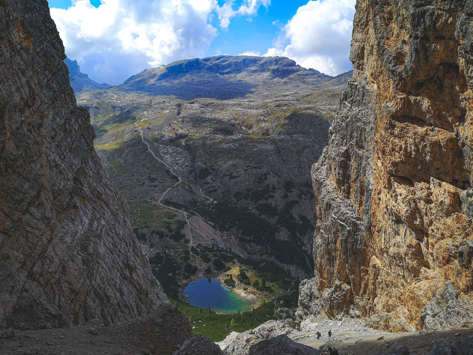 Mount Lagozuoi with Lagozuoi lake beneath it in Alta Via 1, Dolomites, Italy