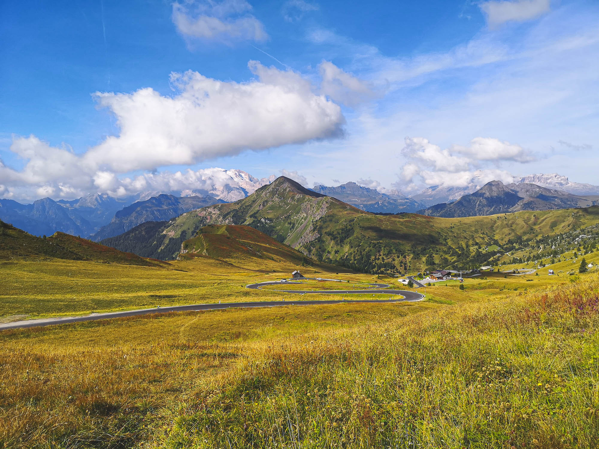 Passo di Giau with Mount Marmolada in the background in Alta Via 1, Dolomites, Italy