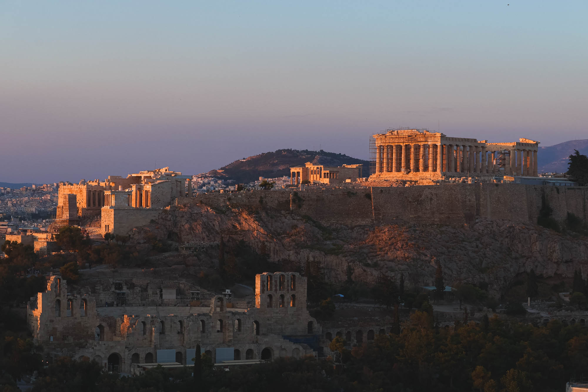 Acropolis hill during the golden hour, Athens, Greece