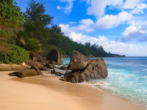 Granite boulders in Anse Intendance Beach in Mahe, Seychelles