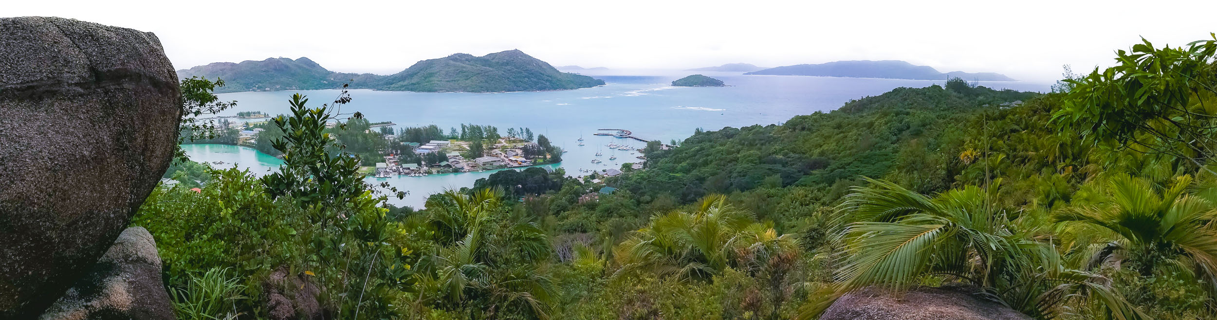 Fond Ferdinand hike view towards La Blague and La Digue, Praslin, Seychelles